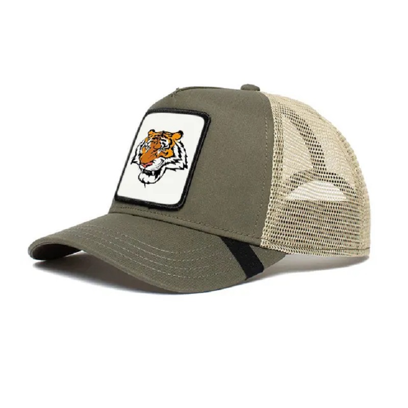 Κατασκευαστής 5 Πάνελ 100% Πολυεστέρας Mens Trucker Cap Hats με προσαρμοσμένο ζώο υφασμένο έμπλαστρο